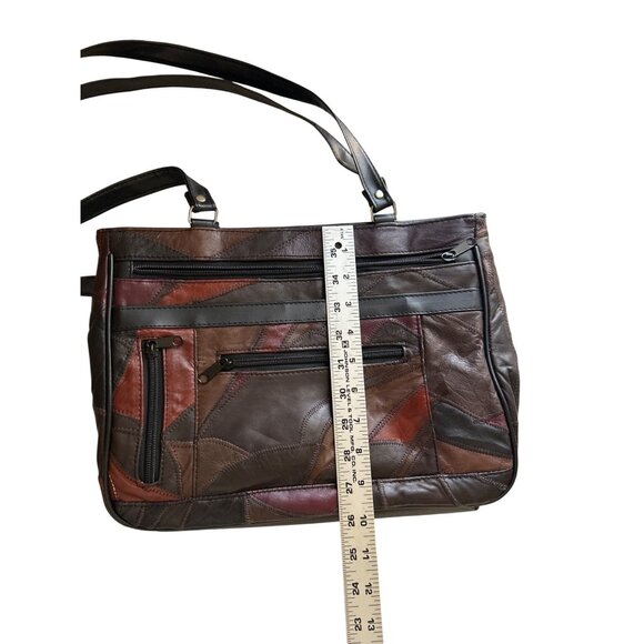 Vintage Brown Patchwork Leather Shoulder Bag With Multiple Zipper Pockets - Picture 6 of 8